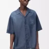 Camicia a maniche corte in cotone blu lavato