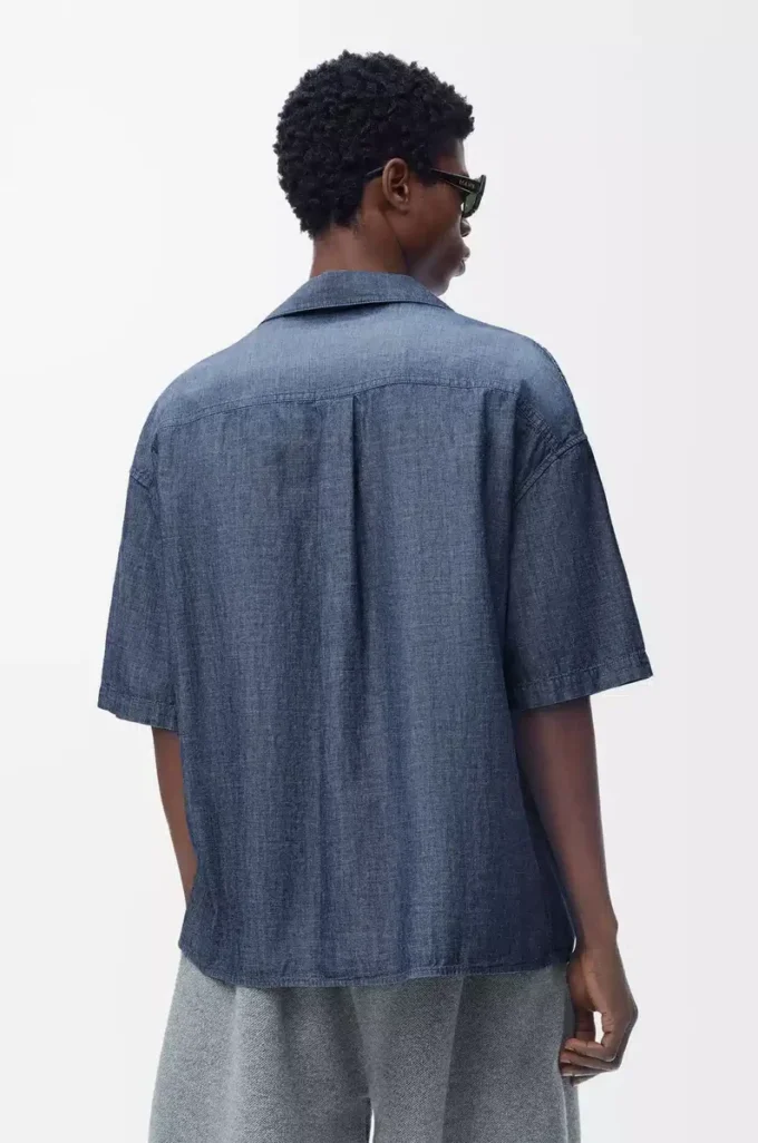 Camicia a maniche corte in cotone blu lavato
