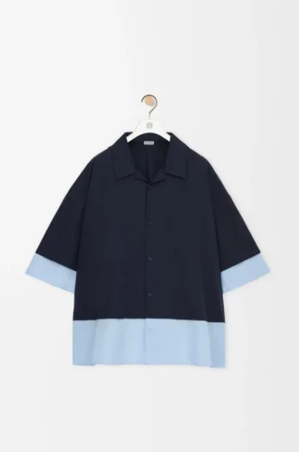 Camicia a maniche corte in cotone blu navy scuro/azzurro