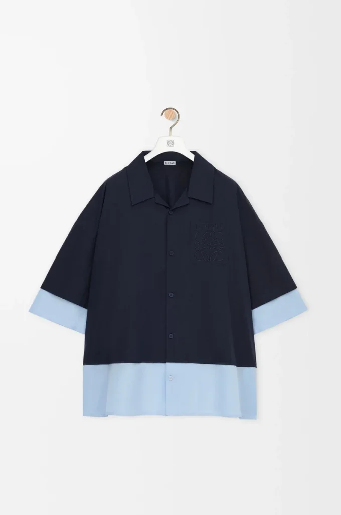 Camicia a maniche corte in cotone blu navy scuro/azzurro