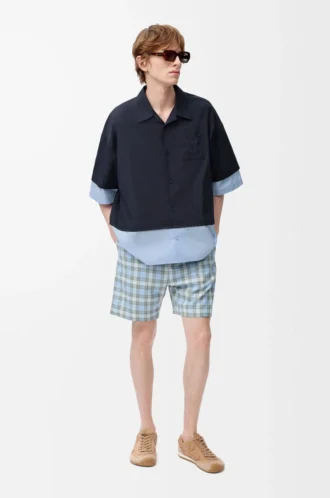 Camicia a maniche corte in cotone blu navy scuro/azzurro