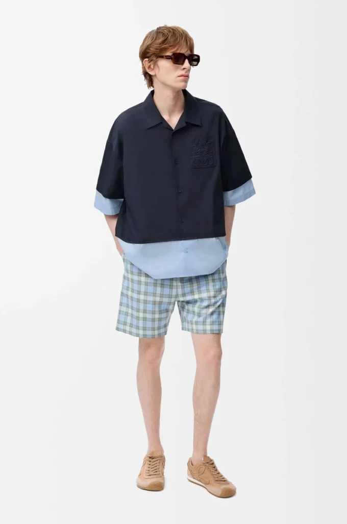 Camicia a maniche corte in cotone blu navy scuro/azzurro