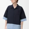 Camicia a maniche corte in cotone blu navy scuro/azzurro