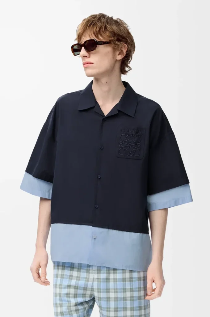 Camicia a maniche corte in cotone blu navy scuro/azzurro