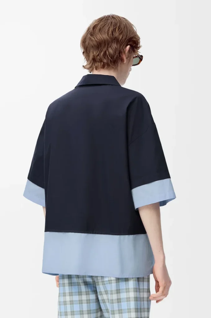 Camicia a maniche corte in cotone blu navy scuro/azzurro
