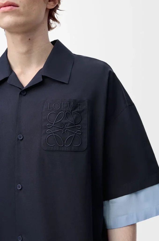 Camicia a maniche corte in cotone blu navy scuro/azzurro