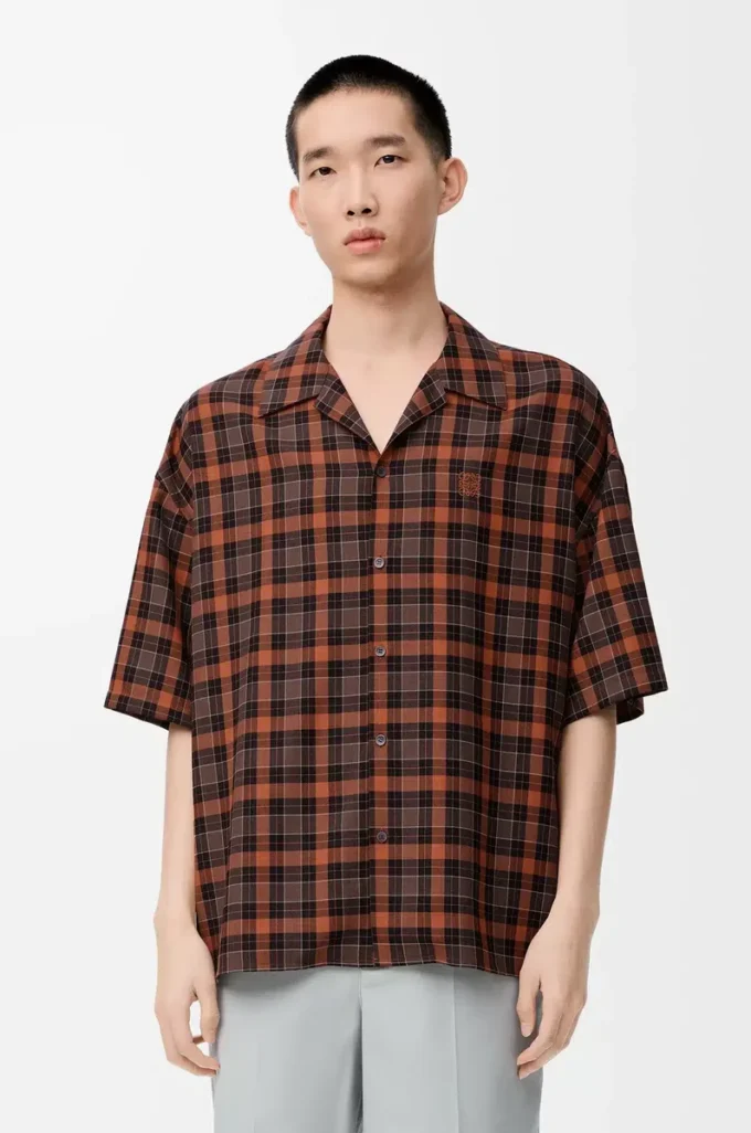 Camicia a maniche corte in misto lana Arancione/Nero