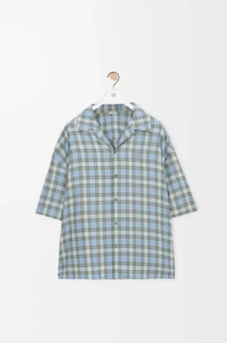 Camicia a maniche corte in misto lana azzurro/bianco