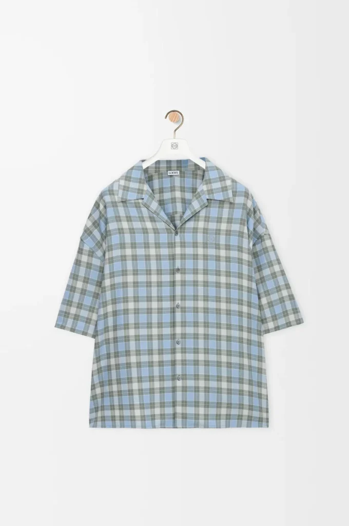 Camicia a maniche corte in misto lana azzurro/bianco