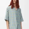 Camicia a maniche corte in misto lana azzurro/bianco
