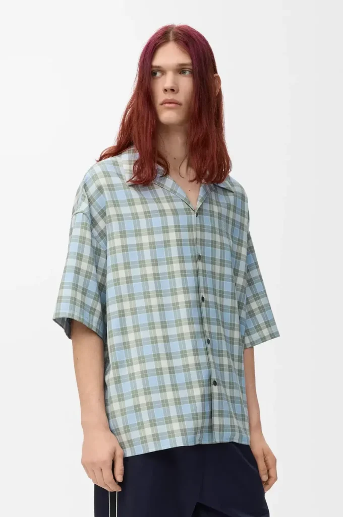 Camicia a maniche corte in misto lana azzurro/bianco