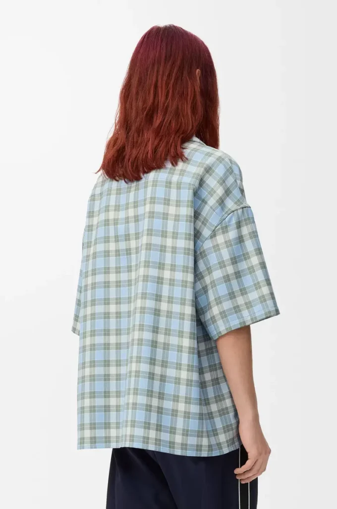 Camicia a maniche corte in misto lana azzurro/bianco