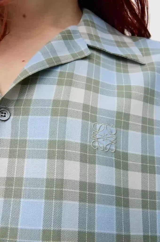 Camicia a maniche corte in misto lana azzurro/bianco