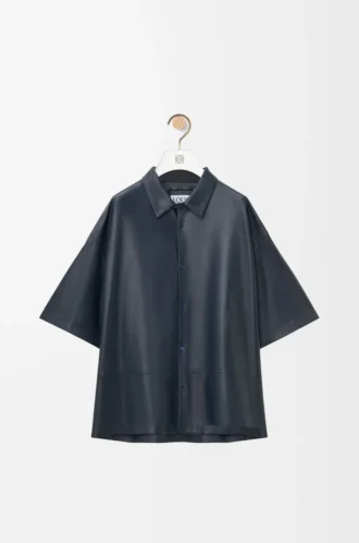 Camicia a maniche corte in nappa di agnello blu scuro