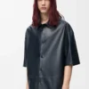 Camicia a maniche corte in nappa di agnello blu scuro