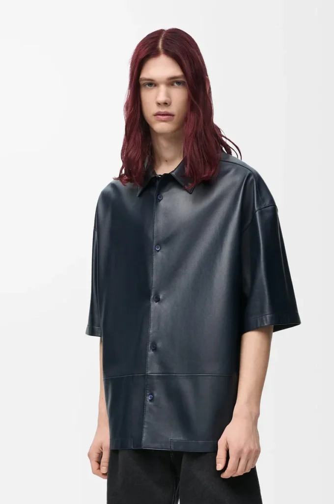 Camicia a maniche corte in nappa di agnello blu scuro