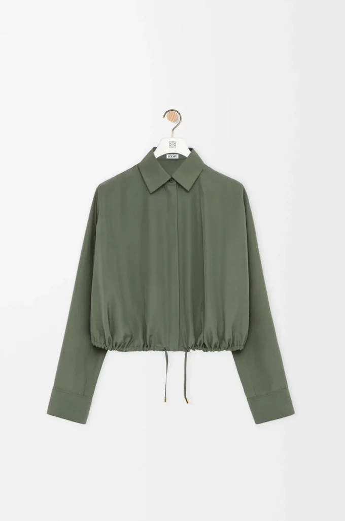 Camicia a palloncino in seta verde kaki