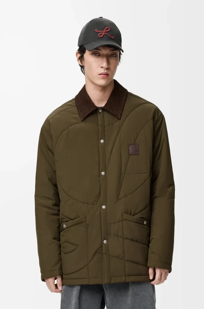 Camicia imbottita in tessuto tecnico verde kaki