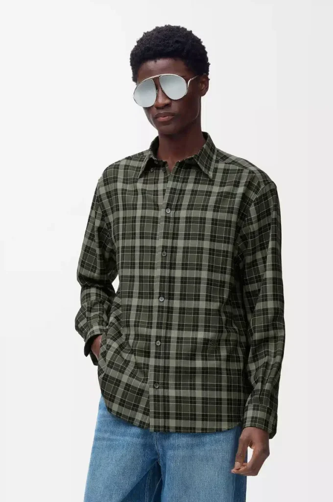 Camicia in misto lana color cachi/nero