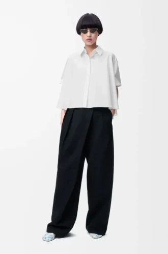 Camicia trapezio a maniche corte in cotone bianco