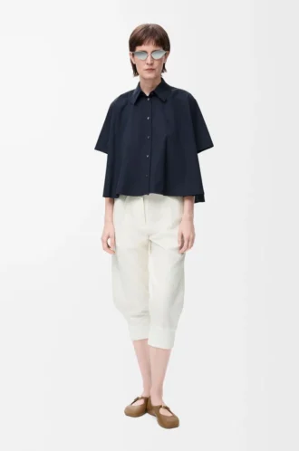 Camicia trapezio a maniche corte in cotone Blu navy