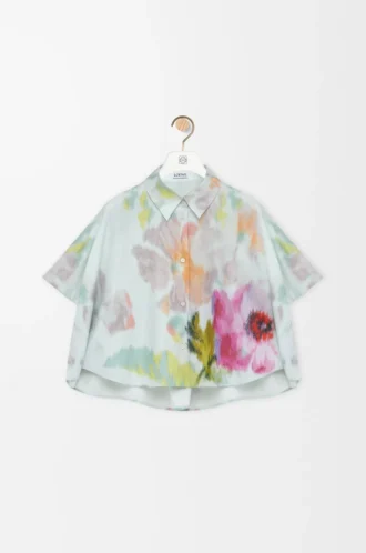 Camicia trapezio a maniche corte in cotone e seta Azzurro/Multicolore