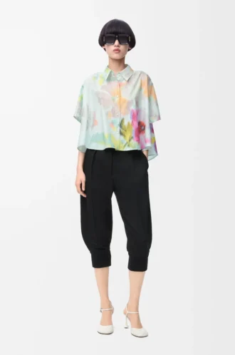 Camicia trapezio a maniche corte in cotone e seta Azzurro/Multicolore