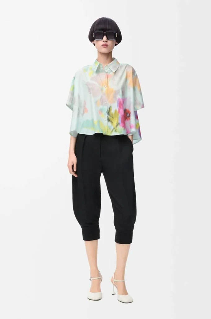Camicia trapezio a maniche corte in cotone e seta Azzurro/Multicolore