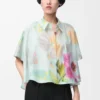 Camicia trapezio a maniche corte in cotone e seta Azzurro/Multicolore