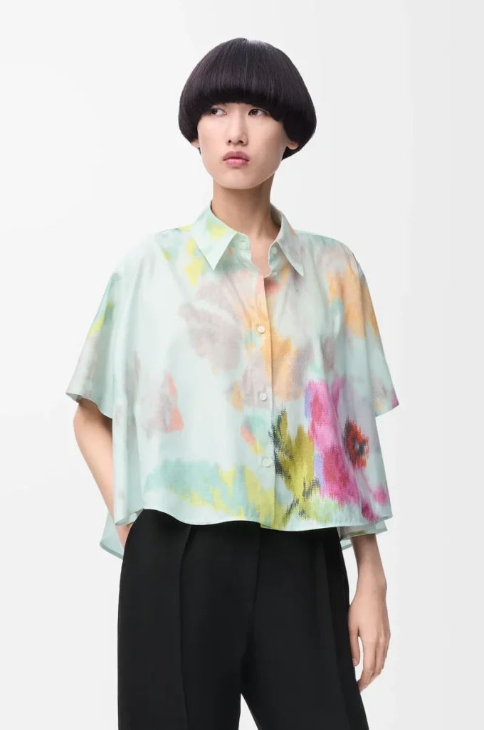 Camicia trapezio a maniche corte in cotone e seta Azzurro/Multicolore