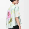 Camicia trapezio a maniche corte in cotone e seta Azzurro/Multicolore
