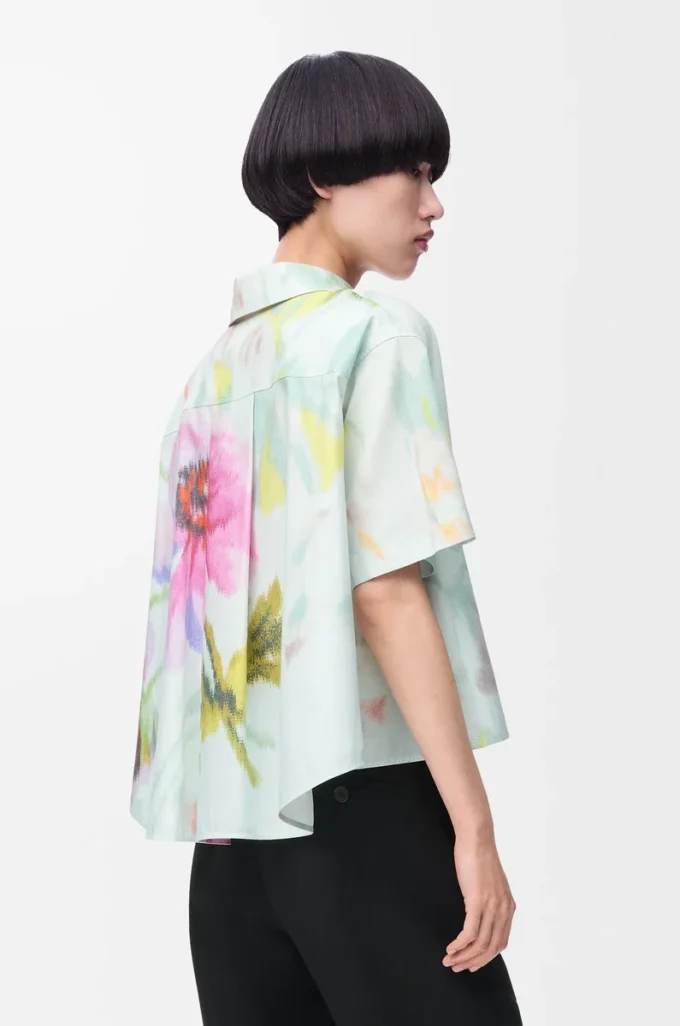 Camicia trapezio a maniche corte in cotone e seta Azzurro/Multicolore