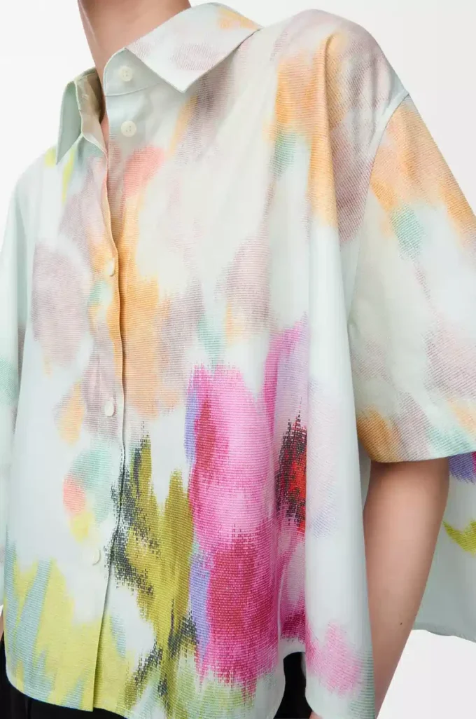 Camicia trapezio a maniche corte in cotone e seta Azzurro/Multicolore