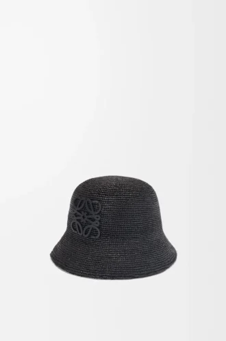 Cappello a secchiello in rafia e pelle di vitello Nero