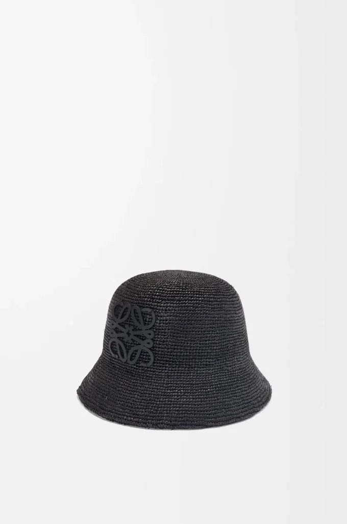 Cappello a secchiello in rafia e pelle di vitello Nero Cappello a secchiello in rafia e pelle di vitello Nero