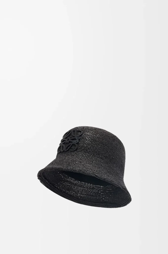 Cappello a secchiello in rafia e pelle di vitello Nero Cappello a secchiello in rafia e pelle di vitello Nero