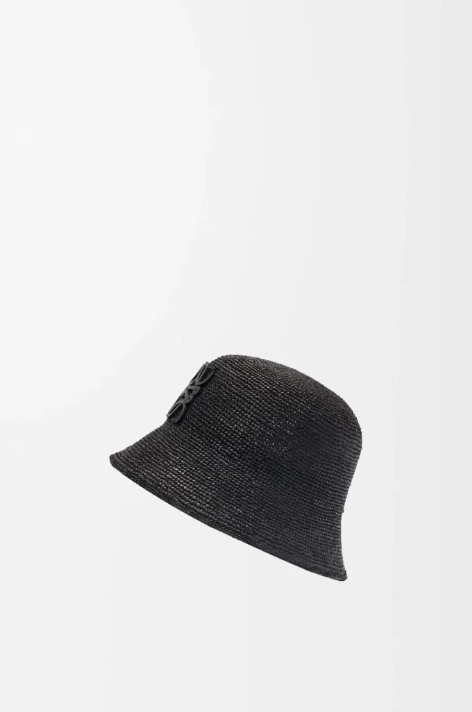Cappello a secchiello in rafia e pelle di vitello Nero Cappello a secchiello in rafia e pelle di vitello Nero