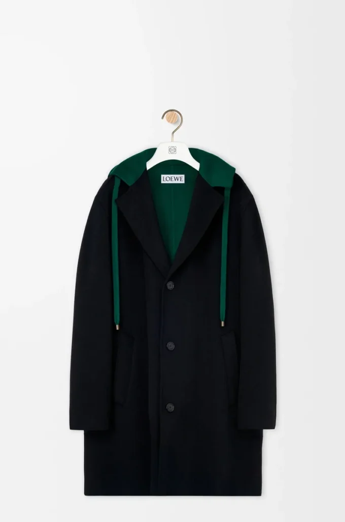 Cappotto con cappuccio in lana e cashmere nero/verde