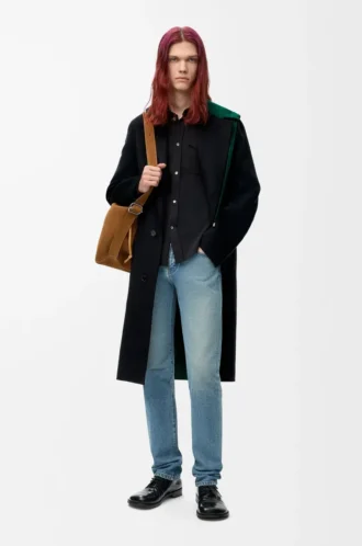 Cappotto con cappuccio in lana e cashmere nero/verde