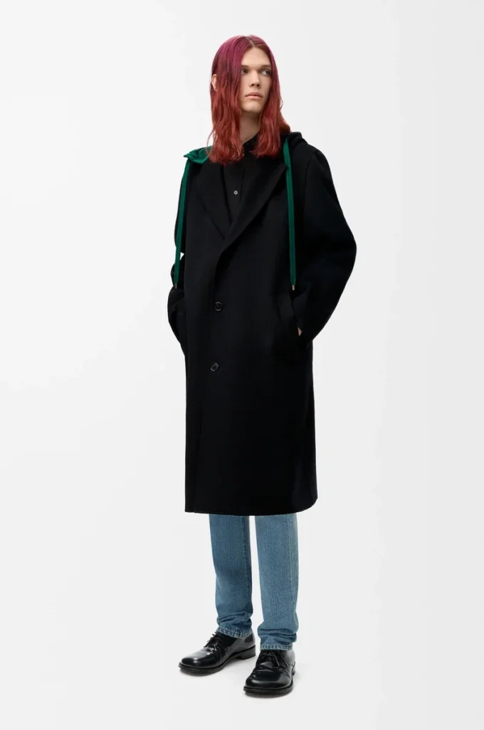 Cappotto con cappuccio in lana e cashmere nero/verde