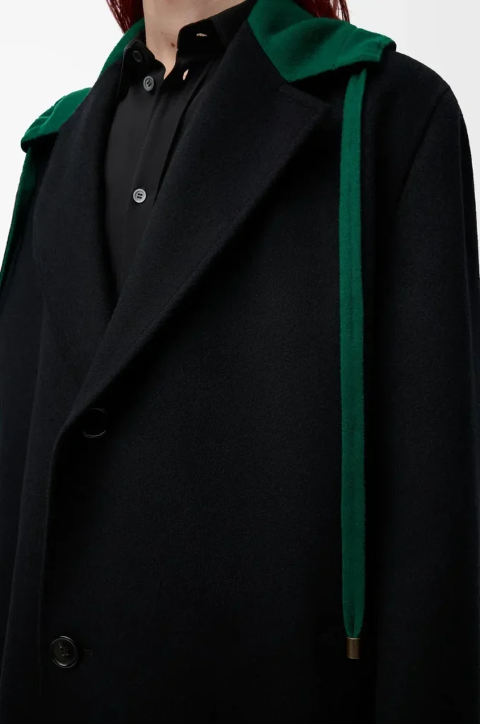 Cappotto con cappuccio in lana e cashmere nero/verde