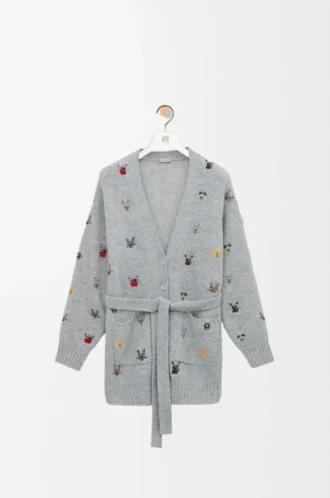 Cardigan con cintura in lana grigio/multicolore