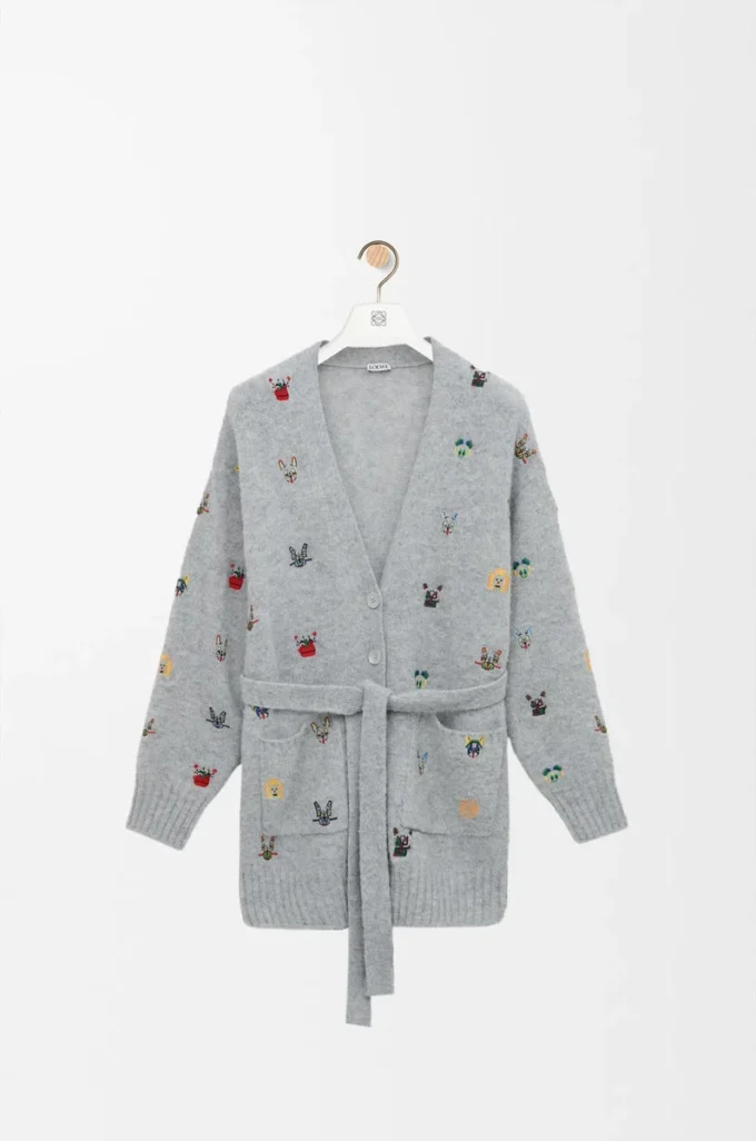 Cardigan con cintura in lana grigio/multicolore Cardigan con cintura in lana grigio/multicolore