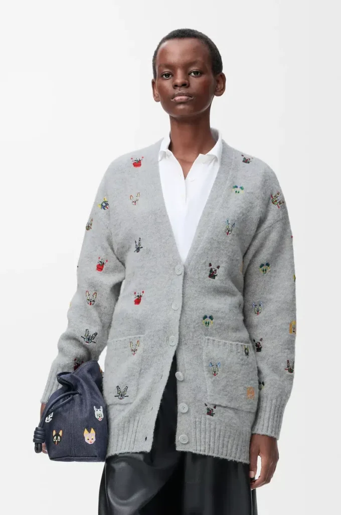 Cardigan con cintura in lana grigio/multicolore Cardigan con cintura in lana grigio/multicolore