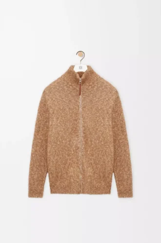 Cardigan con zip in cotone, lino e lana Beige