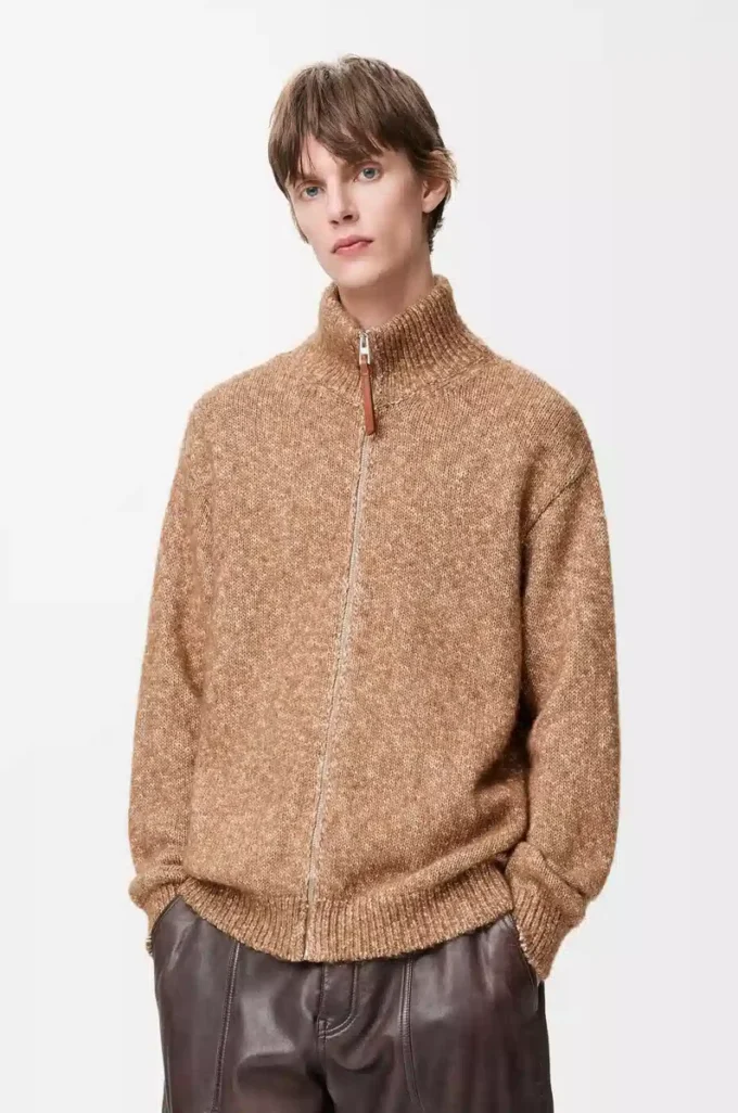 Cardigan con zip in cotone, lino e lana Beige Cardigan con zip in cotone, lino e lana Beige