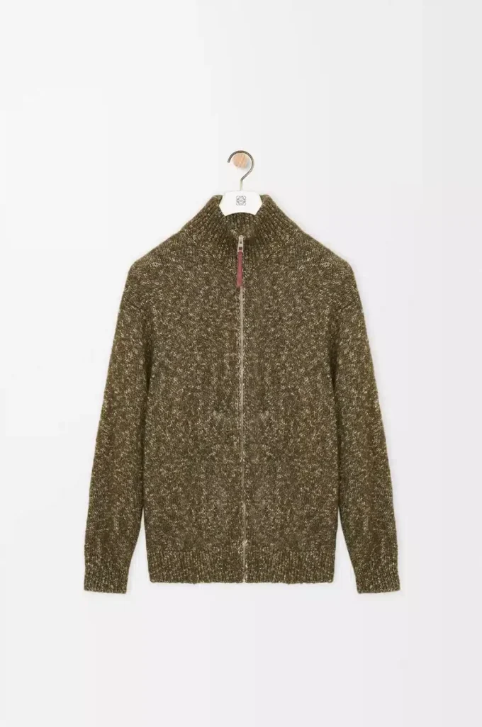 Cardigan con zip in cotone, lino e lana Verde kaki