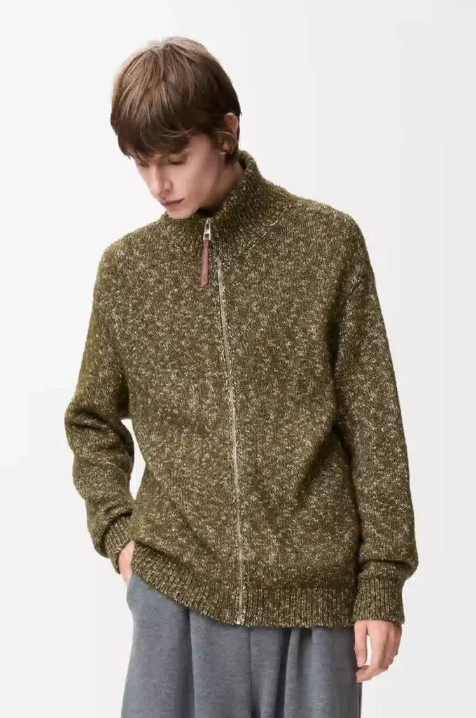 Cardigan con zip in cotone, lino e lana Verde kaki