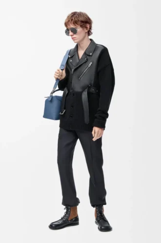 Cardigan ibrido in pelle di agnello nappa e lana Nero/Nero