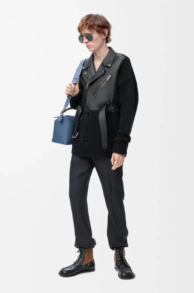 Cardigan ibrido in pelle di agnello nappa e lana Nero/Nero Cardigan ibrido in pelle di agnello nappa e lana Nero/Nero